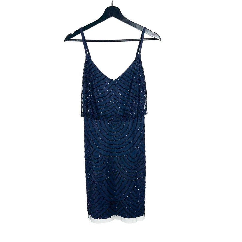 Adrianna Papell Dark Blue Sequin Sleeveless Knee Length Sheath Dress 4
